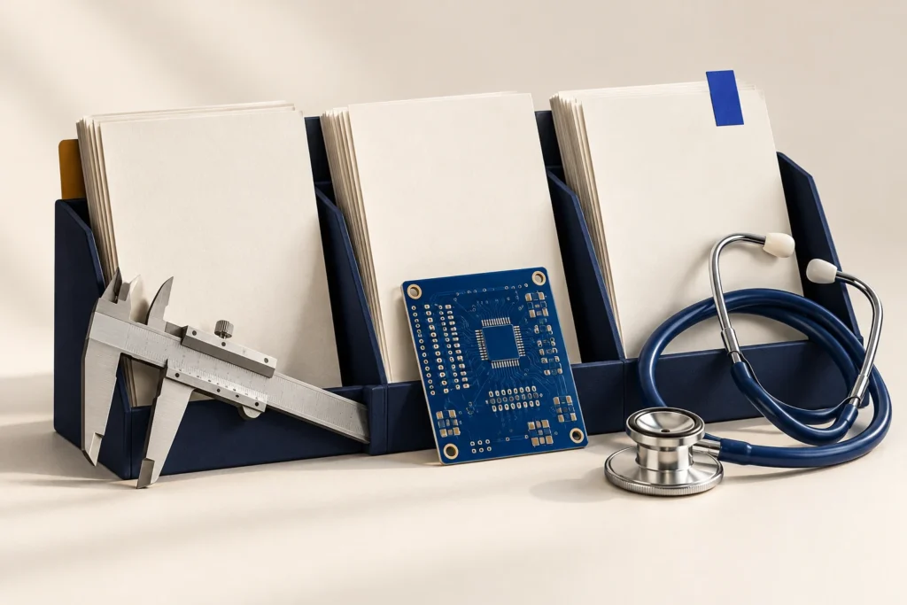 Pastas de papel separadas em suporte azul com paquímetro, placa eletrônica e estetoscópio representando áreas técnicas diferentes.