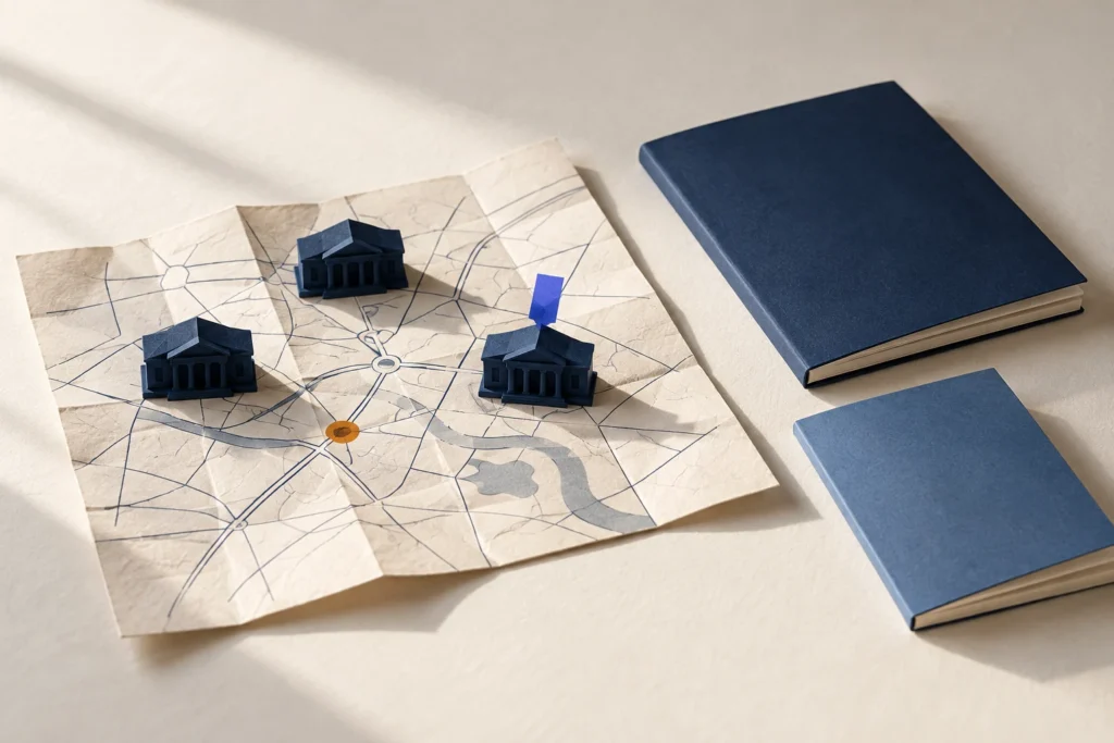 Mapa de papel com três miniaturas de prédios municipais e dois cadernos azuis, um dos prédios marcado por uma aba.