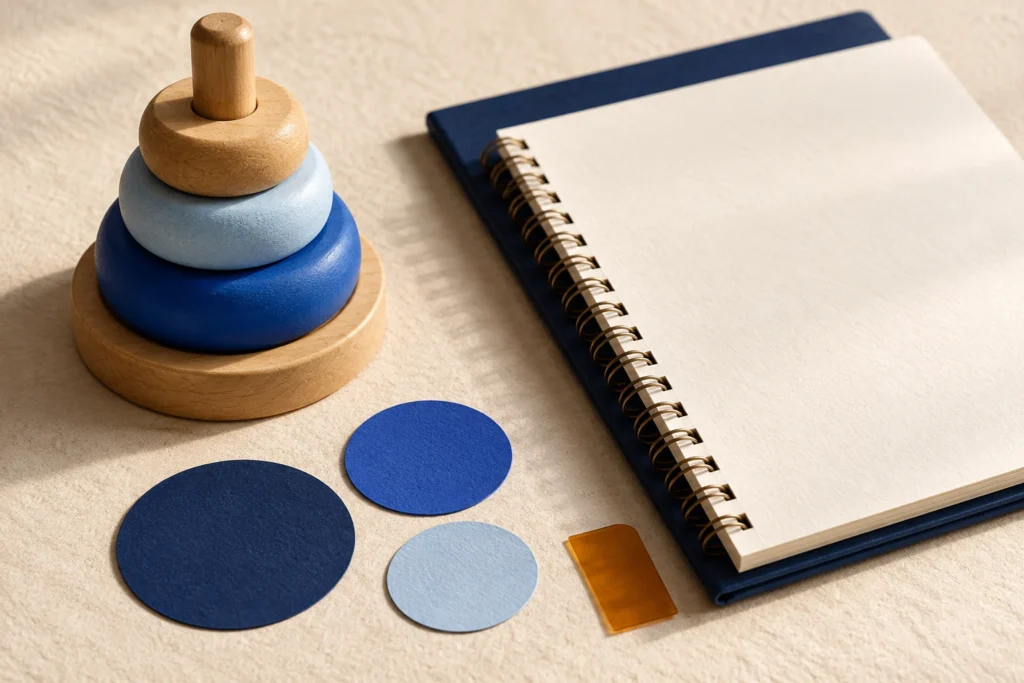 Natureza-morta editorial específica sobre educação infantil, com objetos de estudo em papel, azul e âmbar.