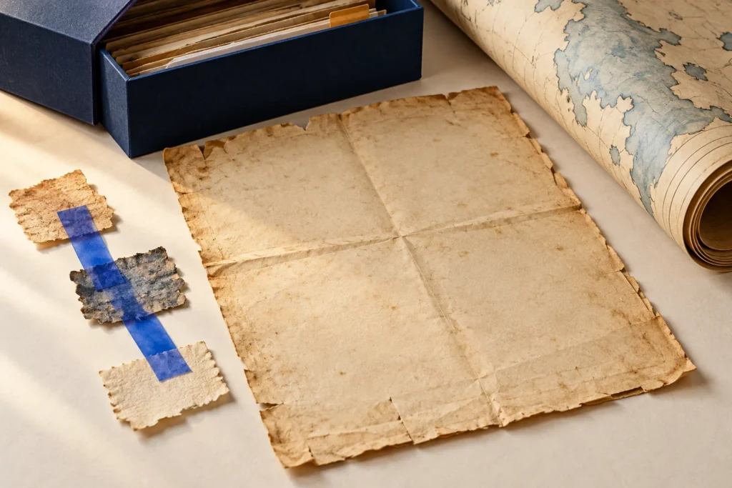 Natureza-morta editorial específica sobre história, com objetos de estudo em papel, azul e âmbar.