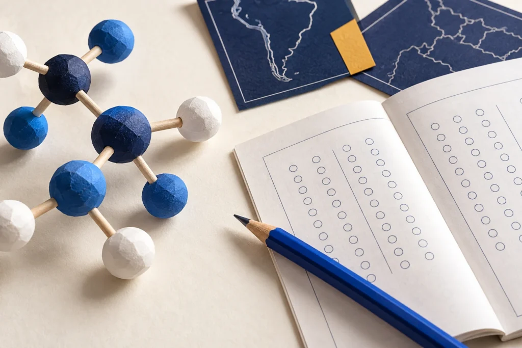 Natureza-morta editorial específica sobre unilus, com objetos de estudo em papel, azul e âmbar.