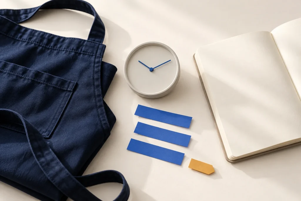 Avental azul, relógio sem números e caderno aberto com tiras de papel sobre fundo claro.