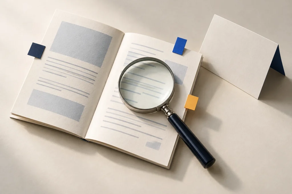 Lupa sobre um caderno aberto com linhas abstratas, marcadores azuis e âmbar e um cartão de papel ao lado.