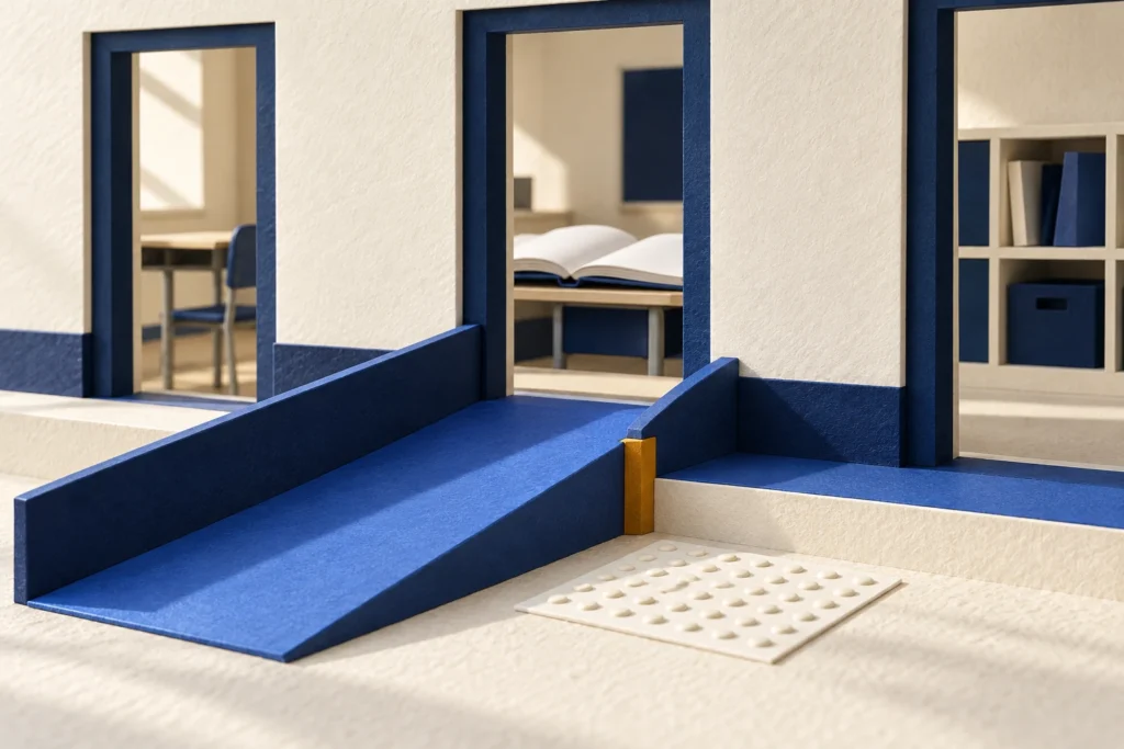 Maquete de corredor escolar com rampa azul, portas abertas e cartão de pontos em relevo.