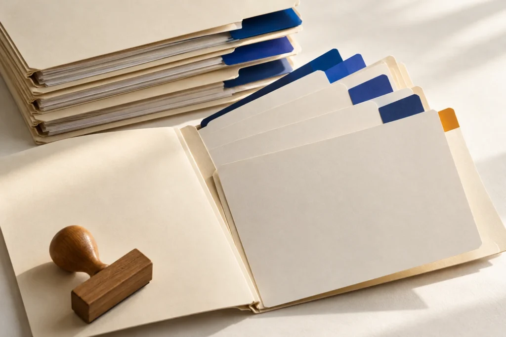 Pastas de documentos com divisórias azuis e um carimbo de madeira sem inscrição.