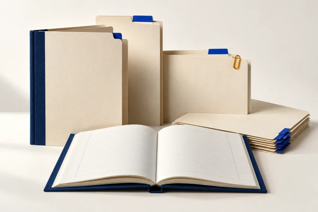 Pastas de arquivo em papel claro com abas azuis e um livro de registros aberto sem escrita.