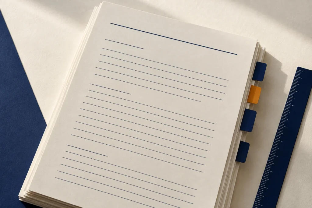 Pilha de documentos em papel claro com abas azuis e uma pequena aba âmbar para marcar seções.