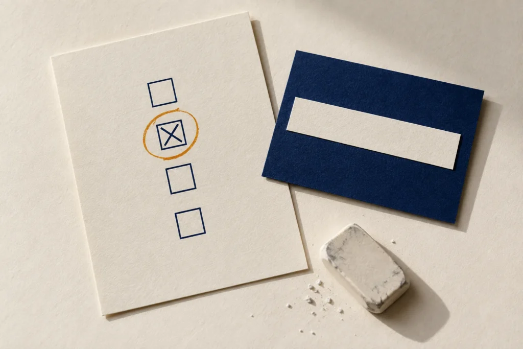 Cartões de exercícios e correção em papel creme e azul, com marcação de resposta e borracha branca.