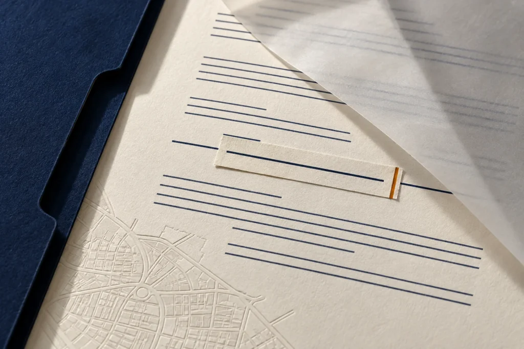 Folha de legislação em papel claro com sobreposição translúcida, correção de linha e mapa urbano em relevo.