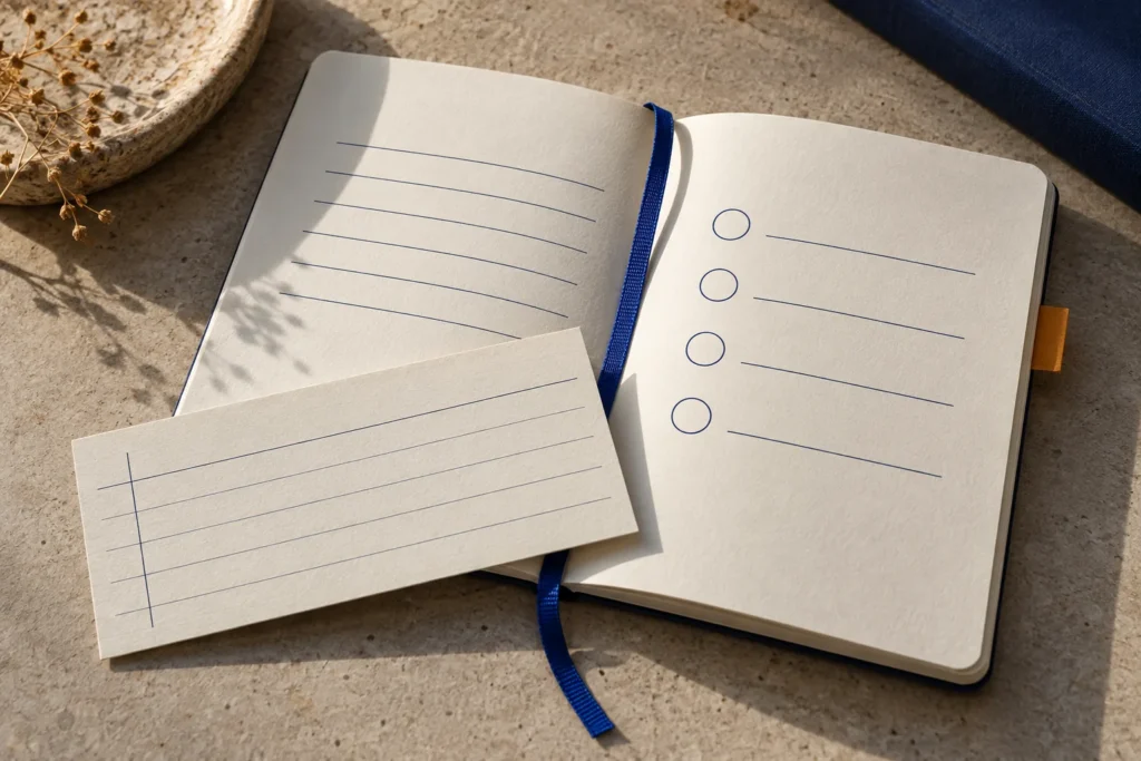 Caderno de exercícios aberto e ficha pautada de revisão ligados por um marcador de tecido azul.