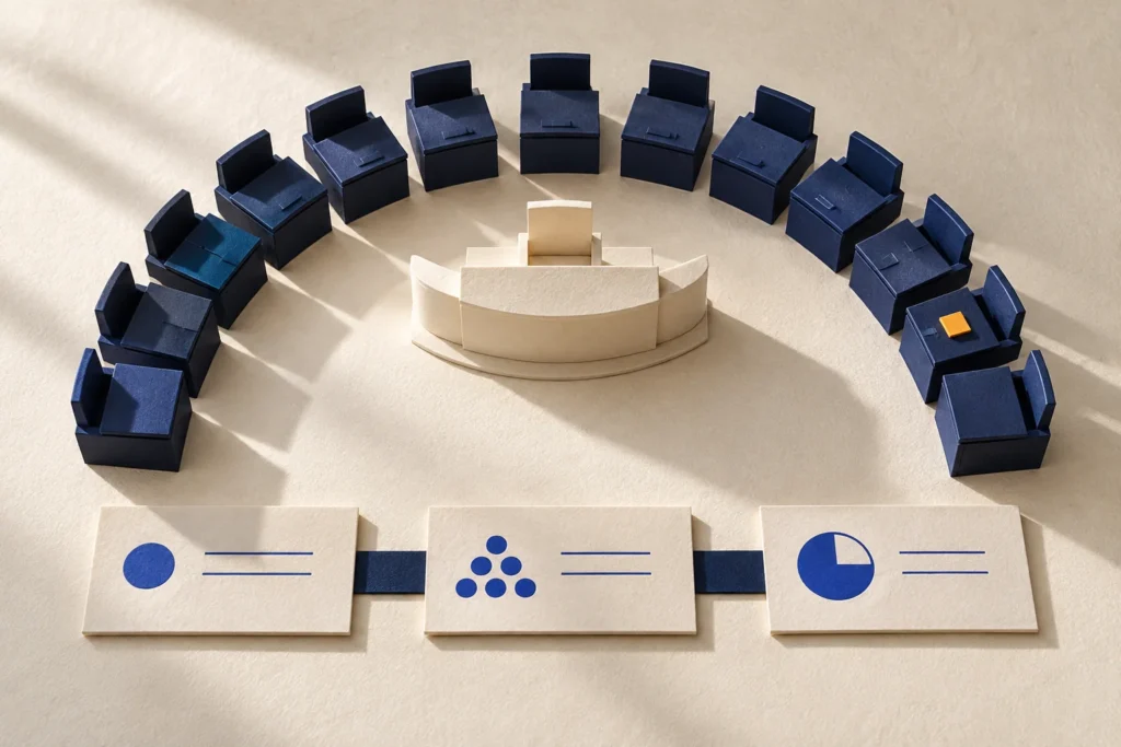 Maquete de plenário vazio construída em papel azul e creme, com cartões de procedimentos e detalhe âmbar.
