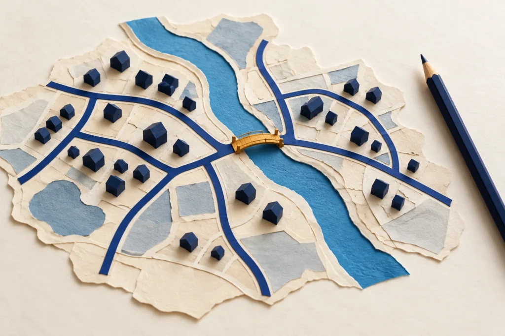 Mapa de bairro feito com papel, pequenas casas azuis e uma ponte âmbar sobre um rio.