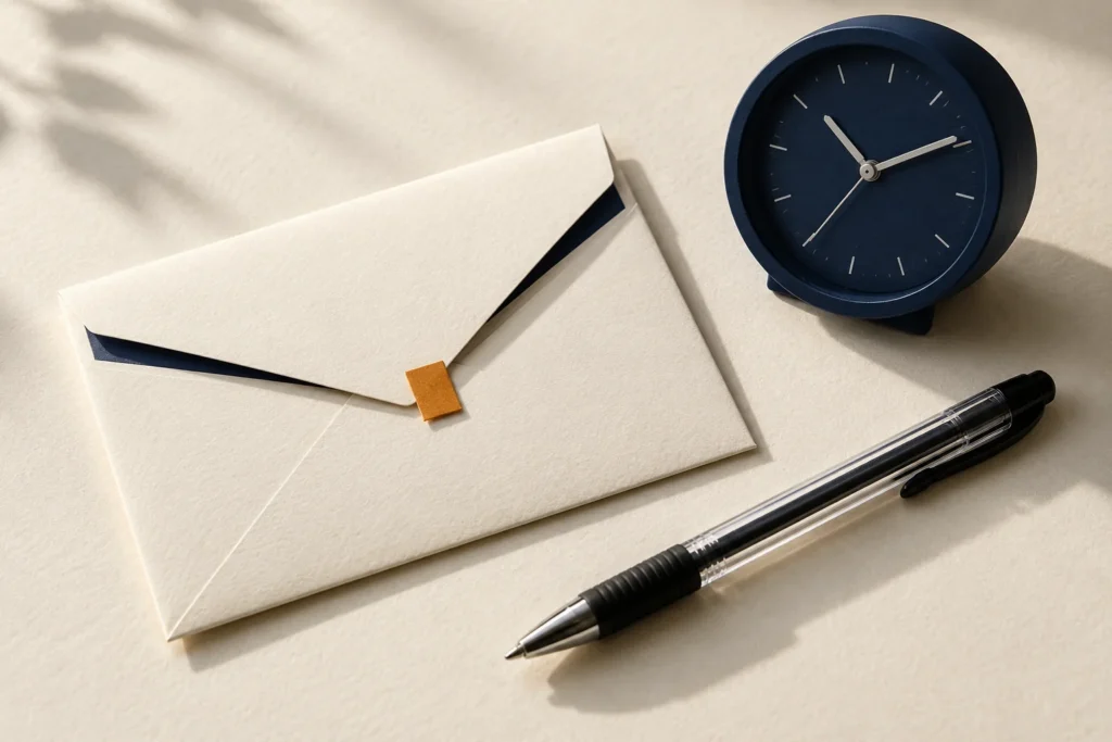 Envelope de papel claro, relógio analógico azul e caneta transparente preparados para o dia da prova.